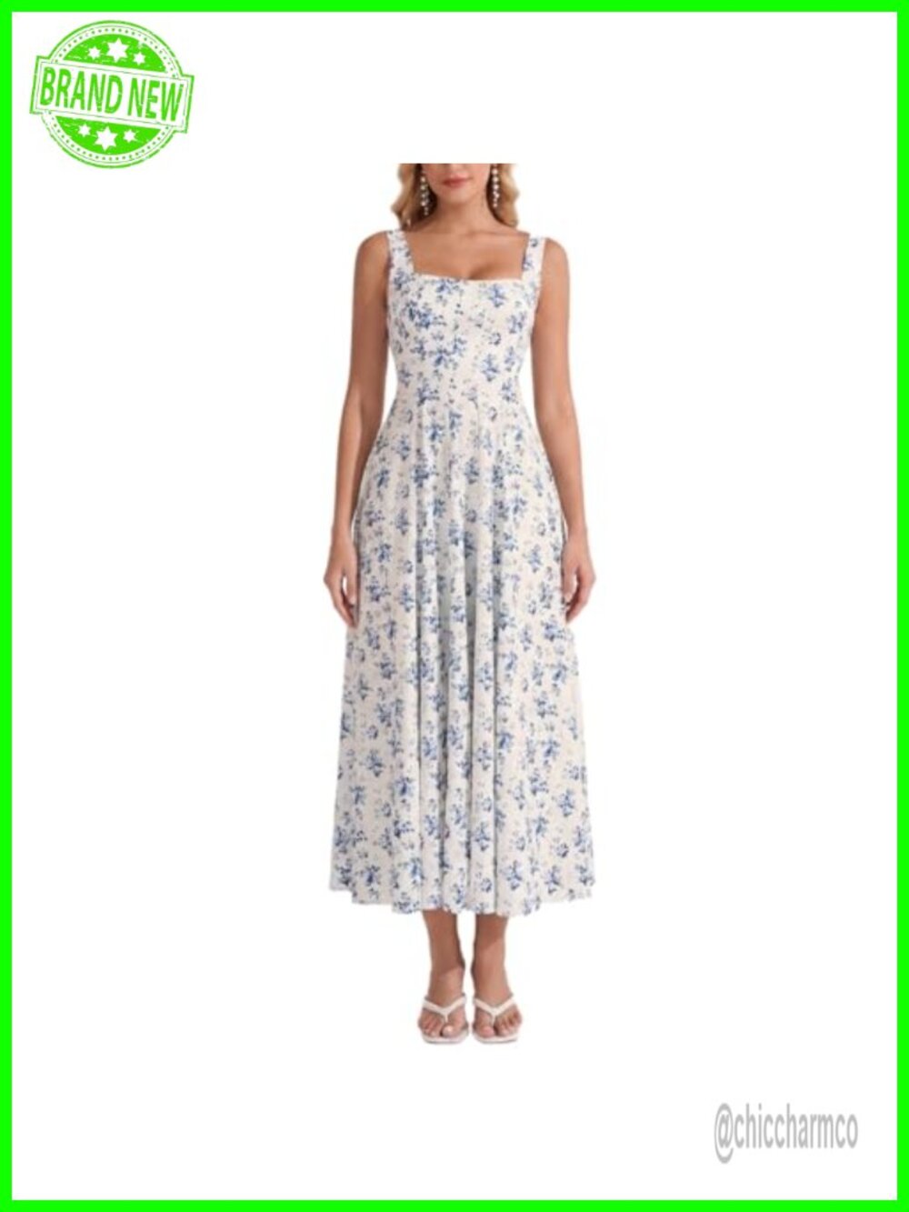 Summer Corset Midi Flowy Floral Dress Square Neck Lace Back Wedding Guest
